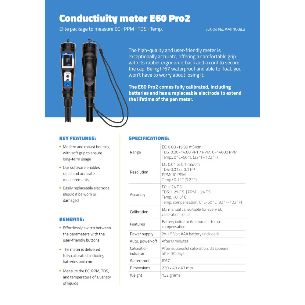 Aqua Master Tools EC metr E60 PRO 2.0 (EC, ppm, TDS, Teplota)