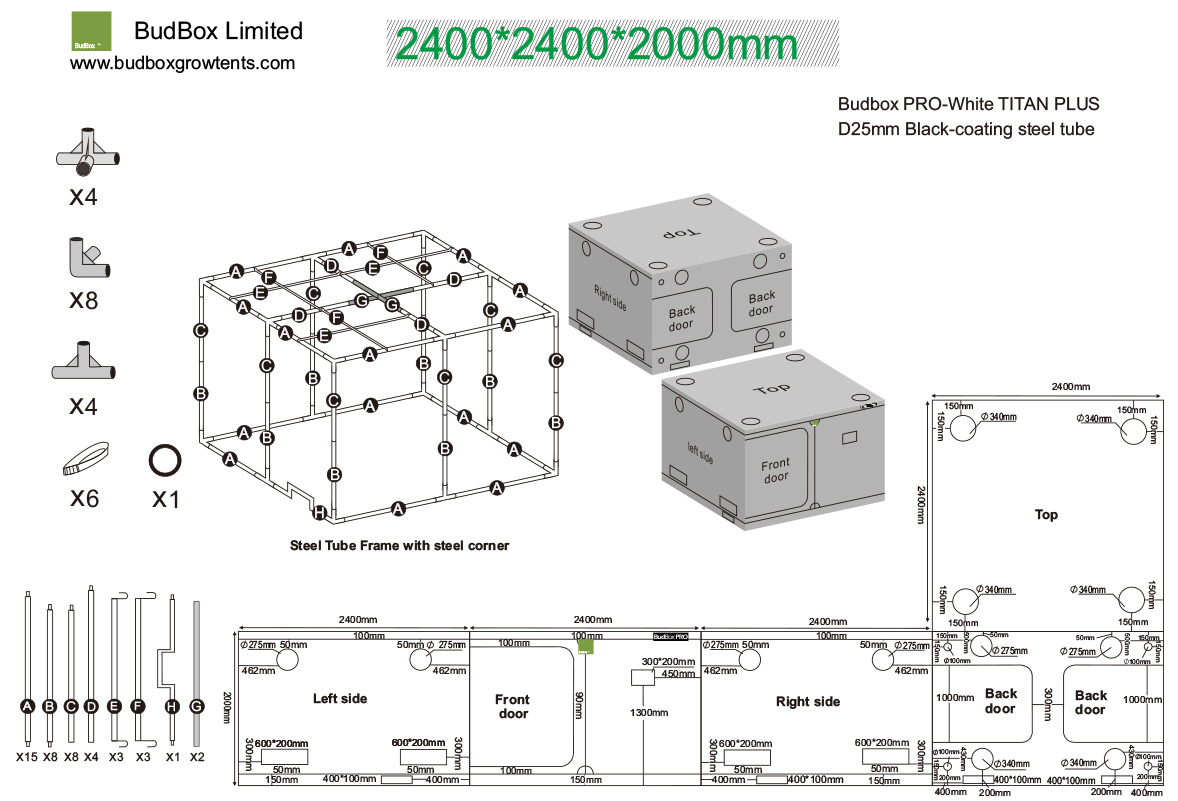 BudBox PRO Titan+ 240x240x200cm bílý - pěstební stan