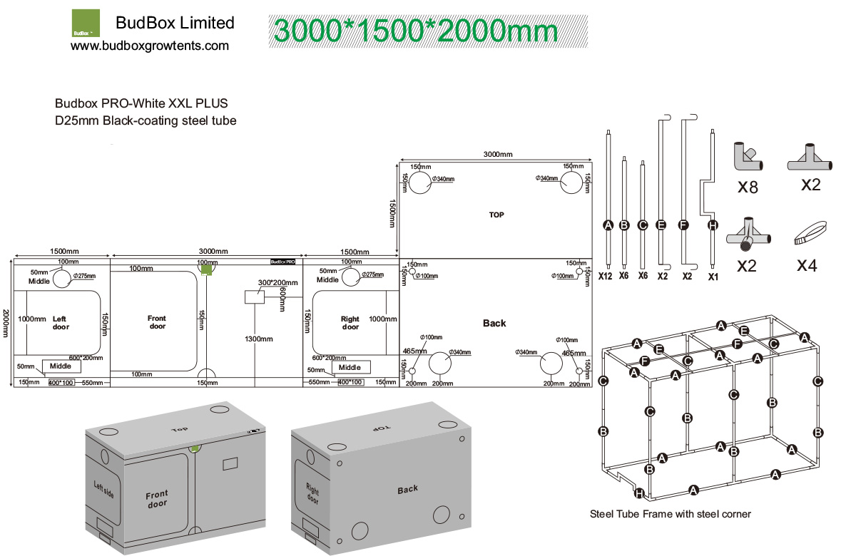 BudBox PRO XXL+ 300x150x200cm bílý - pěstební stan