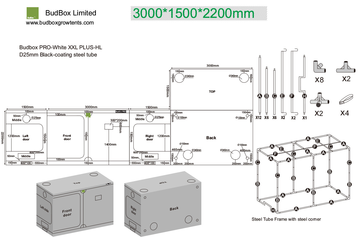 BudBox PRO XXL+ 300x150x220cm stříbrný - pěstební stan