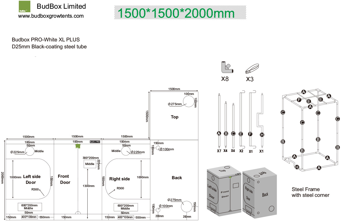 BudBox PRO XL+ 150x150x220cm stříbrný - vyšší verze